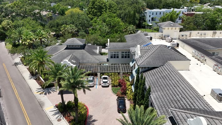 Aerial view of the facility building and surrounding outdoor space.