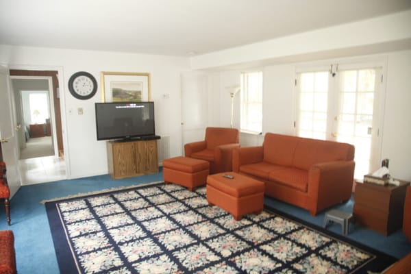 Cozy living room area with orange sofas and a television