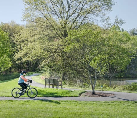 A person biking along a scenic path in a park