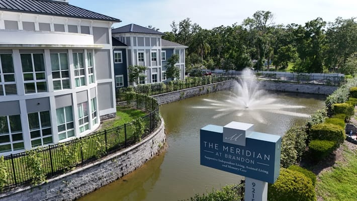 Exterior view of The Meridian at Brandon with a fountain