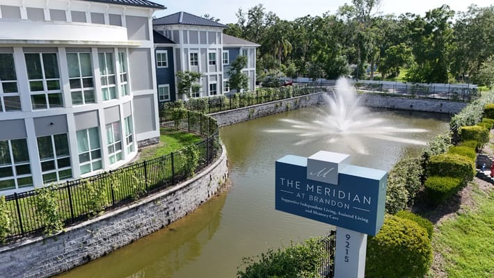 Exterior view of The Meridian at Brandon with fountain