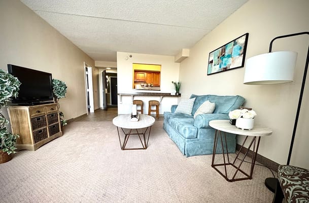 Cozy interior space with light blue couch and modern decor