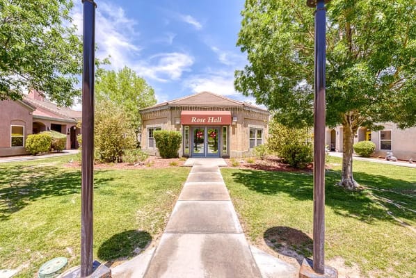 Exterior view of Rose Hall entrance and landscape