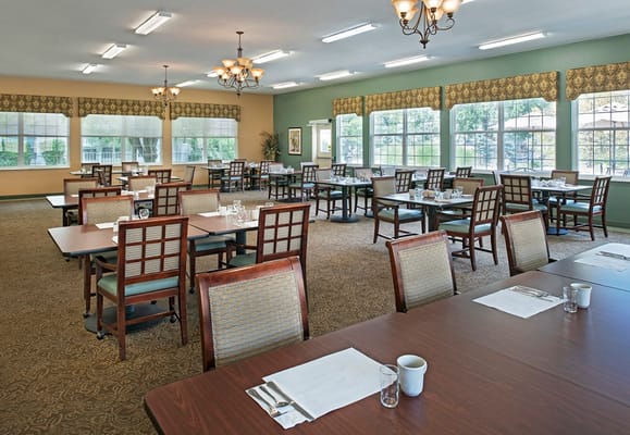 Spacious dining room with neatly arranged tables