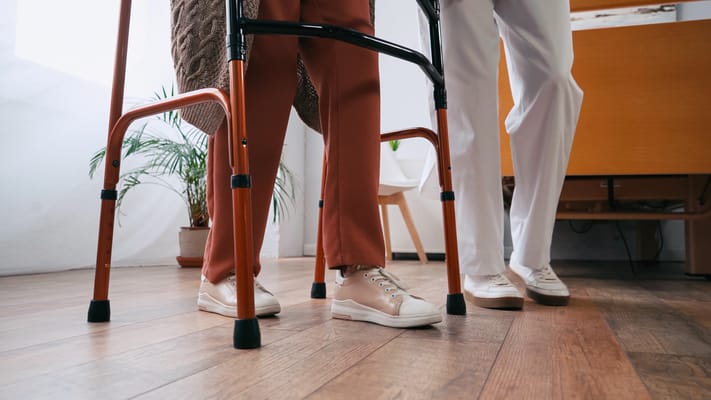 Individuals using a walker in a facility interior