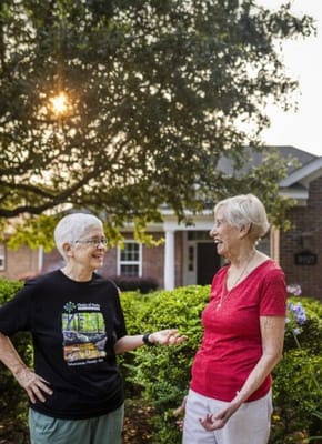 Two residents chatting in a garden area