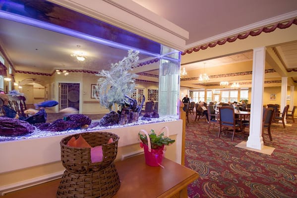 Interior view of a dining area with an aquarium
