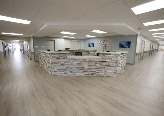 Bright reception area in a senior living facility