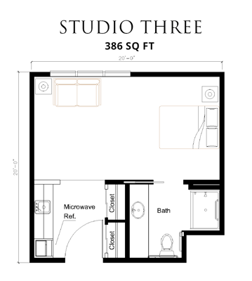 Architectural floor plan of a studio apartment