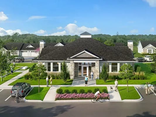 Exterior view of a senior living facility with people outside