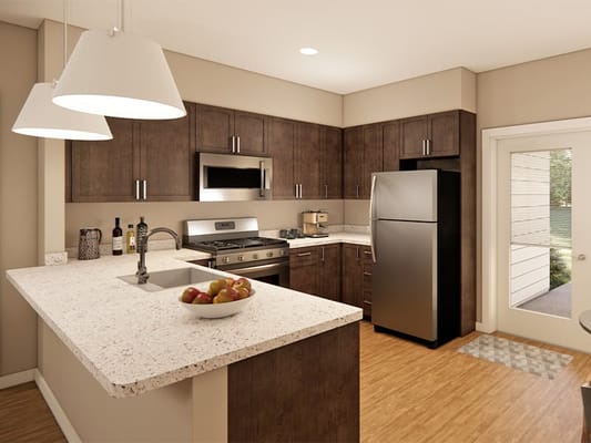 Modern kitchen interior with appliances and dining area