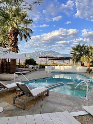 Outdoor swimming pool area with palm trees and mountains