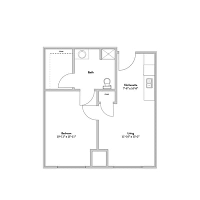 Architectural floor plan of a one-bedroom unit