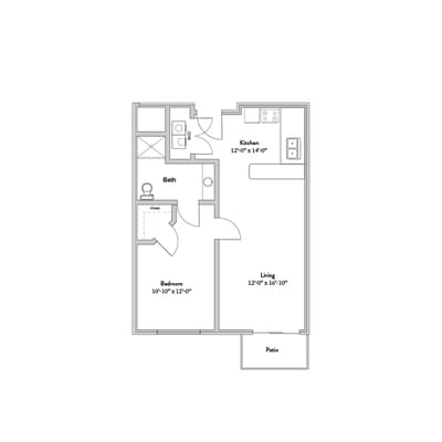 Architectural floor plan of a one-bedroom unit