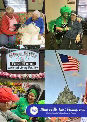 Logo for Blue Hills Rest Home with residents and activities