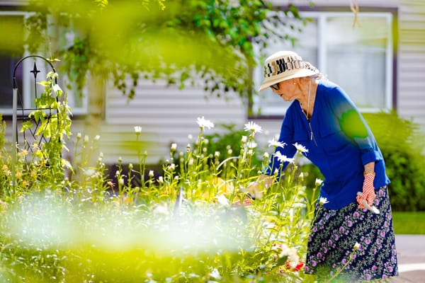Senior resident tending to flowers in a garden