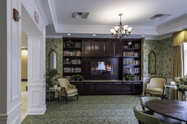 Interior common area with seating and fireplace