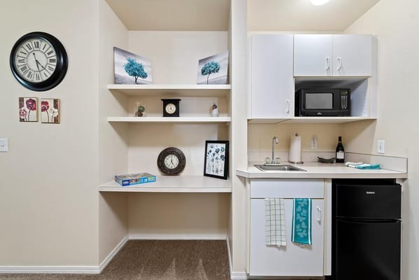 Cozy kitchenette area in a senior living space