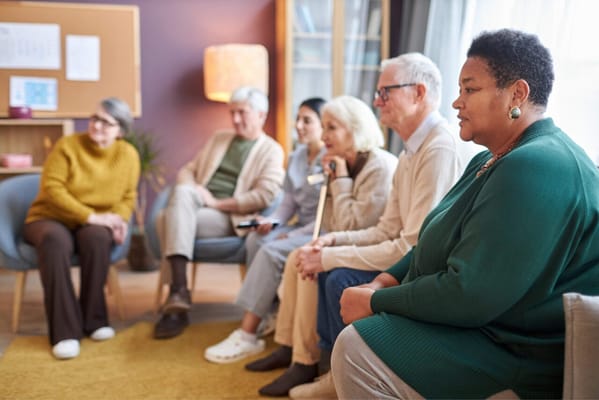 Residents engaged in a group discussion in a community room