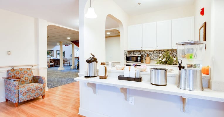 Bright common area with refreshments available