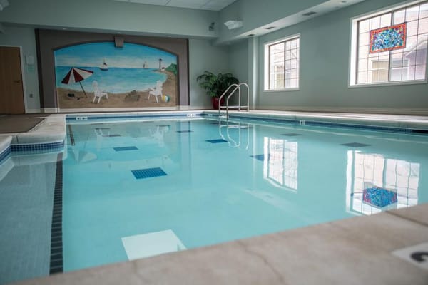 Indoor swimming pool area with mural