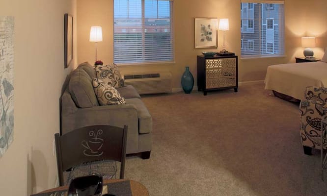 Cozy private resident room with sofa and windows