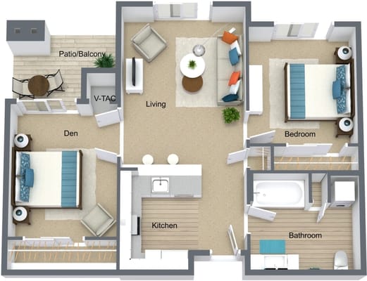 Architectural floor plan of a two-bedroom layout