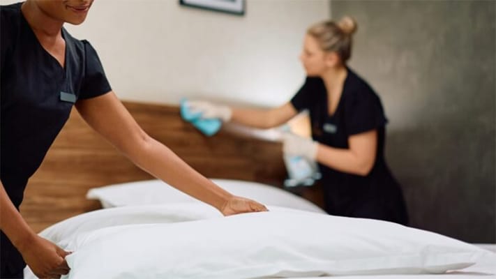 Staff preparing a resident's room with fresh linens