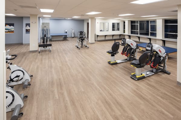Modern therapy gym with exercise equipment and open space