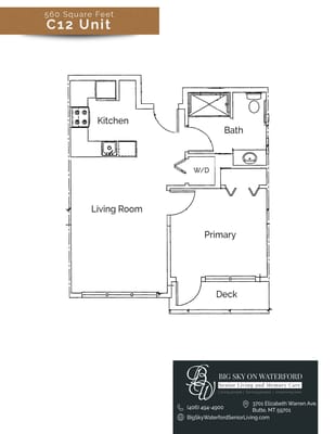Architectural floor plan of a senior living unit