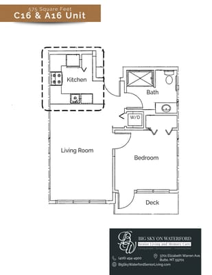 Floor plan layout of a senior living unit