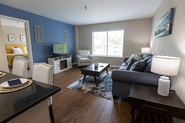 Bright and cozy living room in a senior apartment
