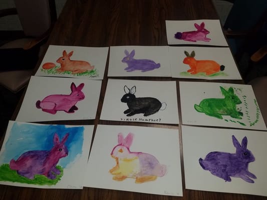 Colorful drawings of rabbits by residents