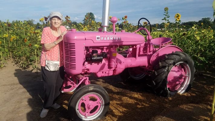 Resident posing by a pink tractor in a sunflower field
