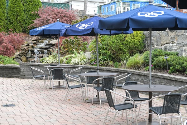 Outdoor seating area with umbrellas and garden