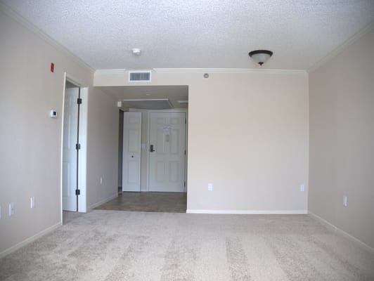 Spacious living room with carpet and doorway