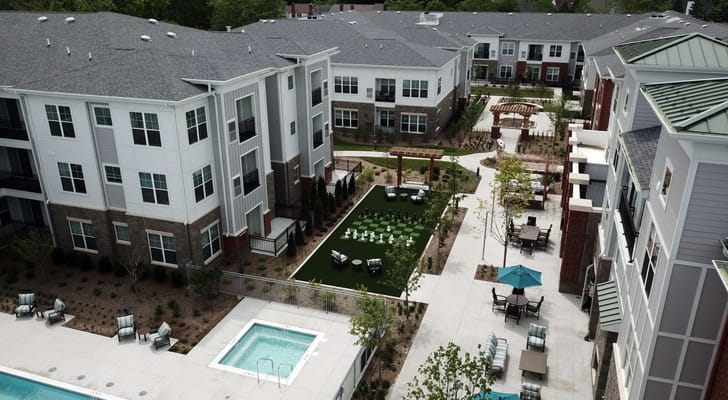 Aerial view of the outdoor amenities at Everleigh Naperville