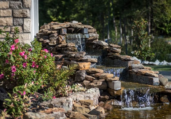 A tranquil outdoor water feature surrounded by flowers