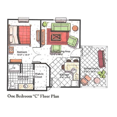 Architectural floor plan for a one-bedroom unit