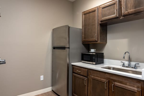 Well-equipped kitchenette in a senior living facility