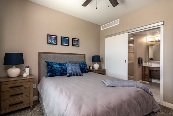 Well-decorated private bedroom in assisted living facility