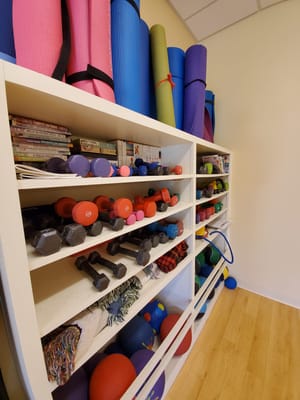 Shelves stocked with fitness equipment in an activity room