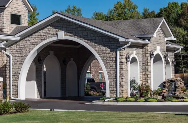 Exterior view of a senior living facility entrance