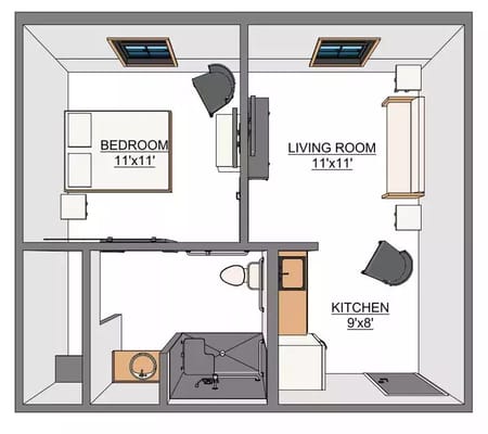 Architectural floor plan showing a two-room layout
