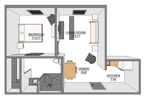 Architectural floor plan of a two-bedroom layout