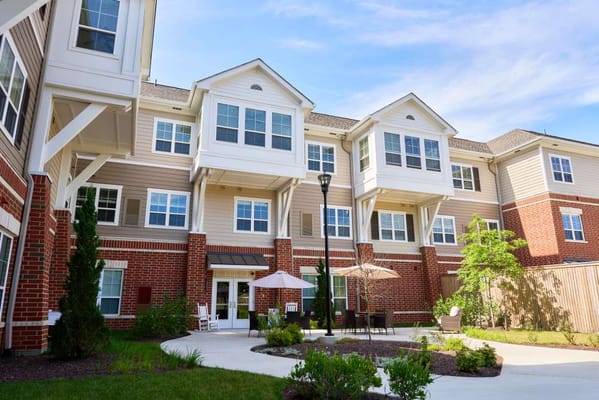 Exterior view of the facility with garden area