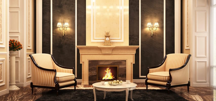 Elegant lounge area with a fireplace and seating