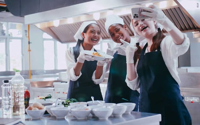 Staff members preparing food and taking a selfie in the kitchen