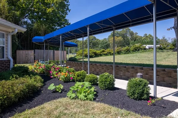Covered outdoor space with flowers and greenery