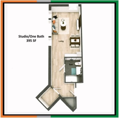Architectural floor plan of a studio apartment